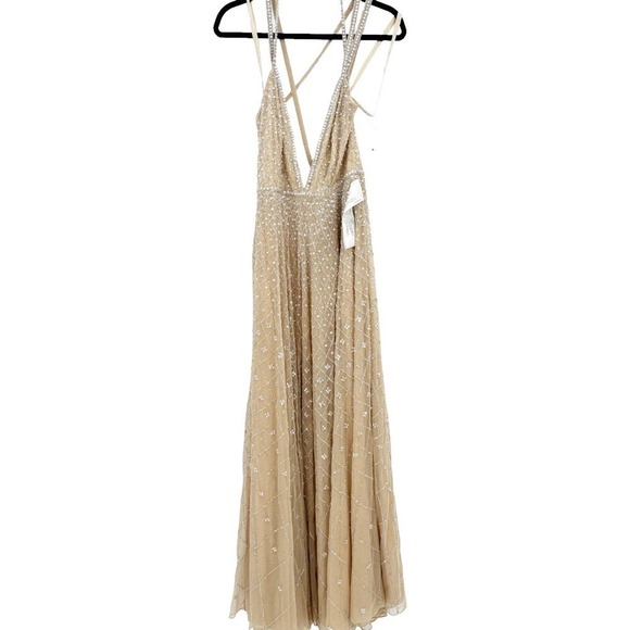 Mac Duggal Plunging V-Neck A-Line Maxi Dress Natural Size 4 NWT - Picture 9 of 13